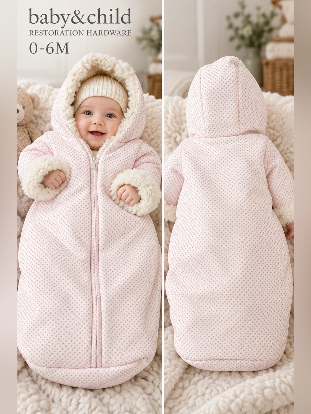 Restoration Hardware Baby & Child Pink gray Polka Dot Hooded Bunting pram 6 mos